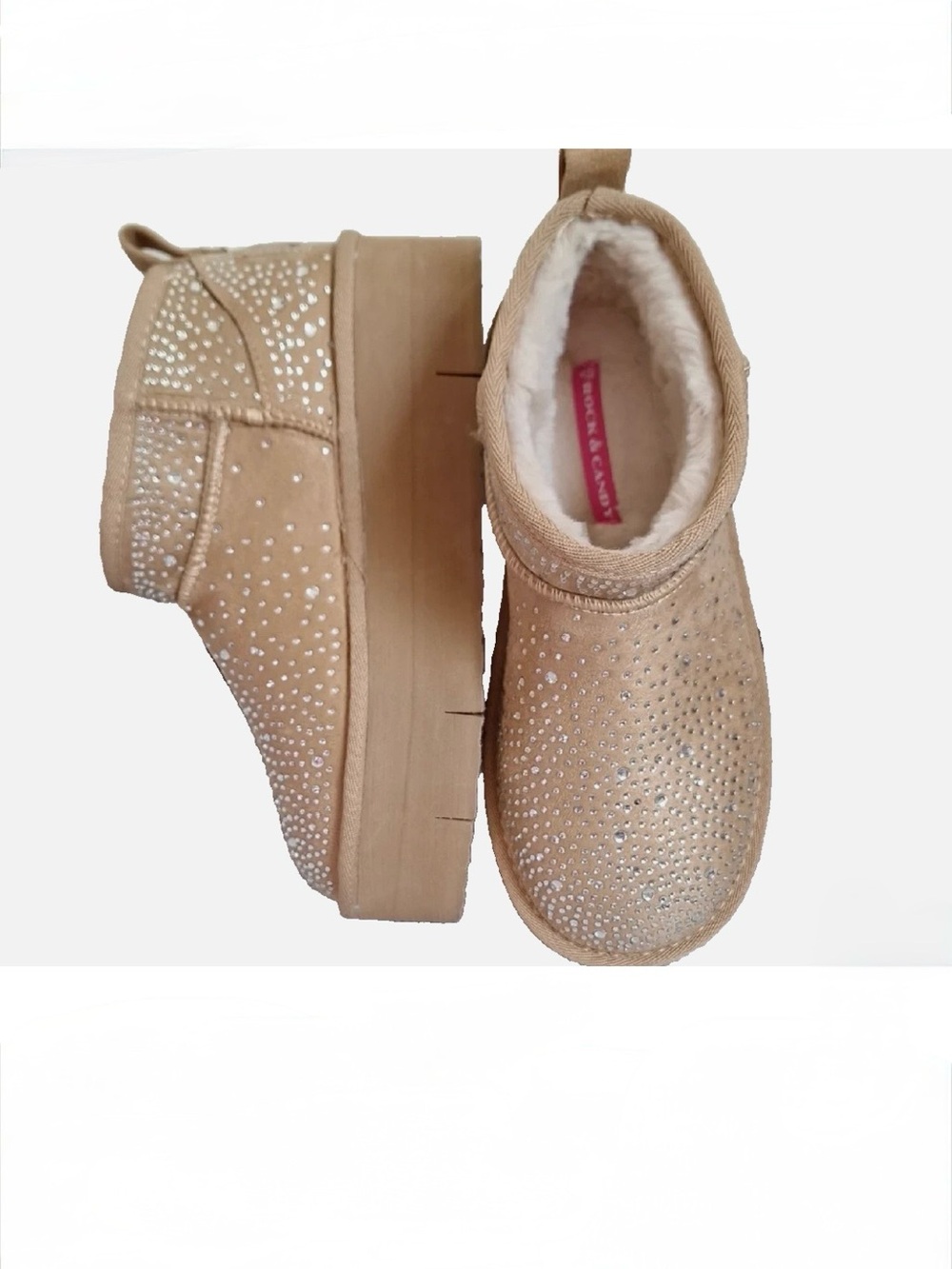 Rock & Candy Samira Tan Embellished Faux Fur Lined Platform Ankle Boots size 8